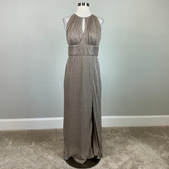 R&M Richards Sparkly Halter Long Column Evening Gown Gold Size 6 Formal Dress - Picture 2 of 12